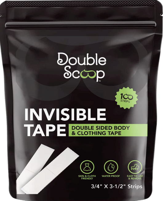 Double Scoop® Double-Sided Clear Body Tape Strips for Fashion (100-Count), Skin-Friendly for Clothing + Shirt + Bra, Invisible Adhesive Fabric Tape, Two-Sided Lingerie Tape for Breasts